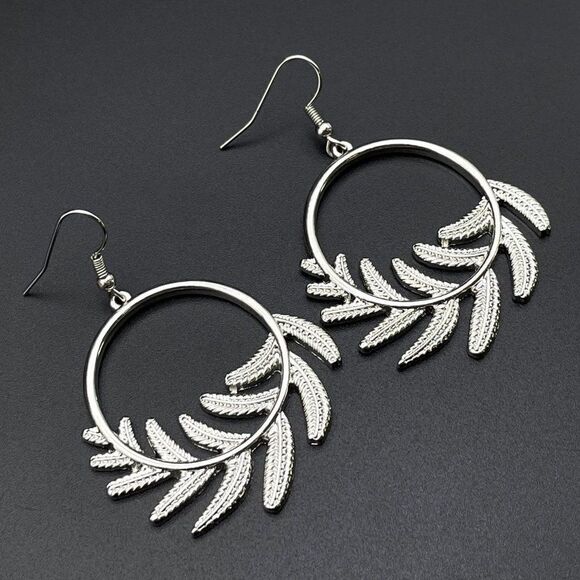 Silver Round Circular Open Hoop Fern Leaf Dangling Drop Hook Earrings - Picture 1 of 8